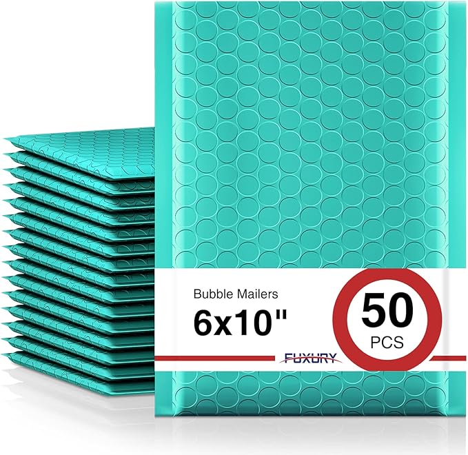 Fuxury Bubble Mailer, 6x10 Inch Bubble Mailers 50 Pack, Self-Seal Adhesive Padded Envelopes, Water Resistant Mailers, Shipping Envelopes for Packaging, Small Business, Mailing,Bulk Teal #0