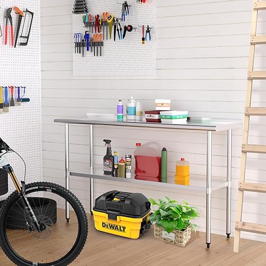 Stainless Steel Table 18 x 60 Inches Metal Prep Table with Backsplash & Adjustable Undershelf for Commercial Kitchen, Outdoor, Restaurant, Hotel & Garage