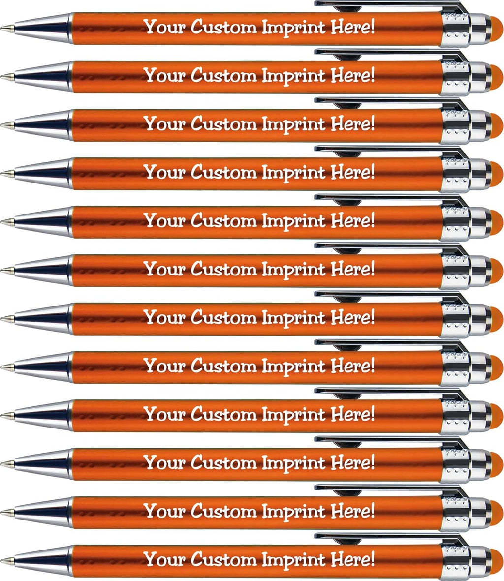 Personalized Pens with Stylus Tip -Bright Vibes- Click action - Custom - Black writing - Printed Name pens - Imprinted with Your Logo or Message - FREE PERSONALIZATION - 12 Pens/Box (Orange)