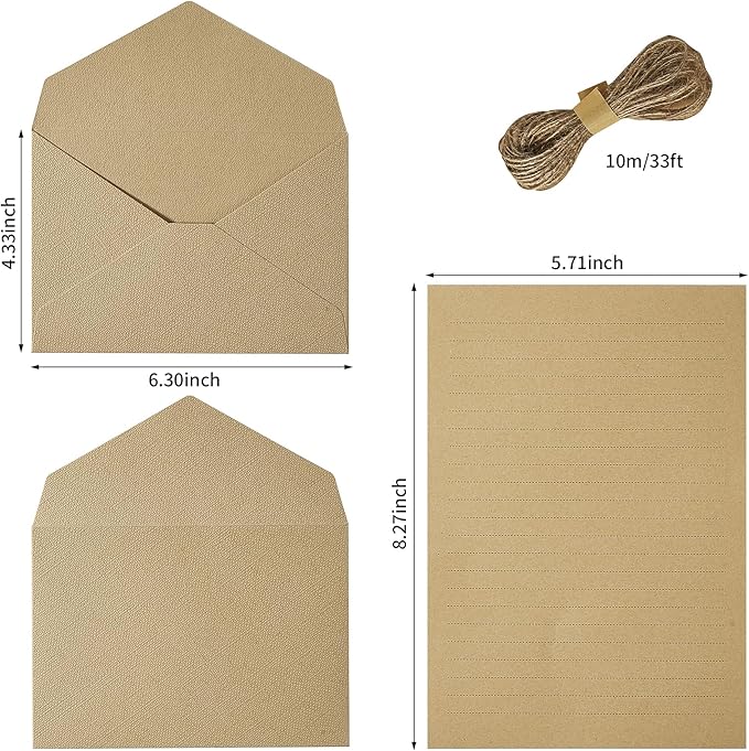 Tuhangcc Stationery Writing Paper and Envelopes Set with Jute Rope 4 X 6 for Writing Letter, (20 Best Paper with 10 Heavyweight envelopes),by Better Gift Office Products (Grey)