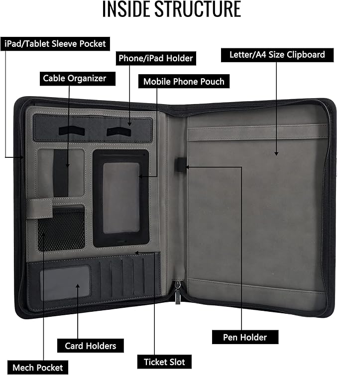 GraduatePro Portfolio Binder Leather Zippered Padfolio Folder Business Case Organizer Bag for Pad Notebook Resume for Women Men Graduation Gift, Black