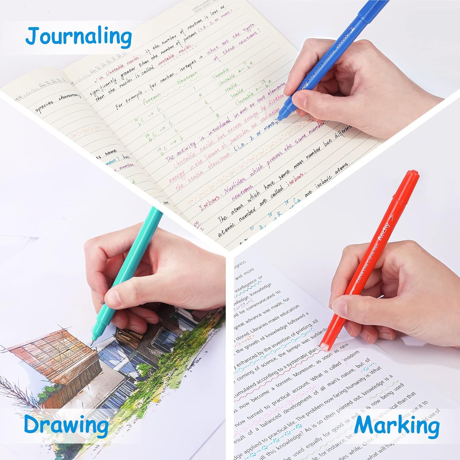 AECHY 12PCS Colored Curve Pens for Note Taking, Dual Tip Pens with 10 Different Curve Shapes & 12 Colors Fine Lines, Curve Highlighter Pen Set for Kids Journaling Note Taking Supplies