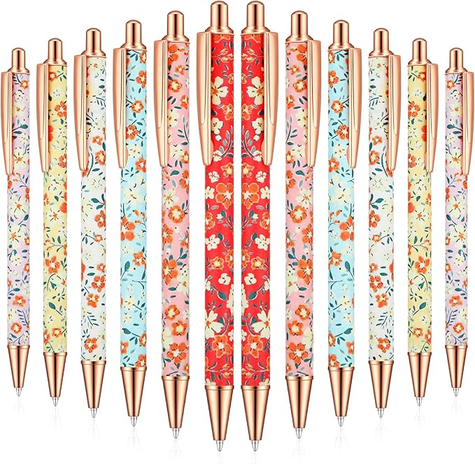 Glenmal 12 Pcs Flower Pens for Women Floral Ballpoints Pretty Fancy Pens Retro Floral Cute Ballpoints Black Ink Metal Retractable Writing Journaling Gifts for Office Supplies