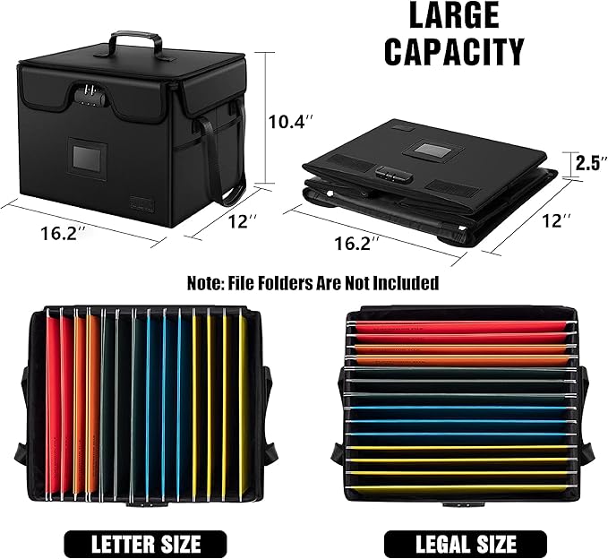 AMBOR File Box with Lock, Fireproof Document Box with 5 Tabs, Collapsible File Organizer with Handle for Home Office for Letter & Legal Folder/Certifications/Books Storage, Black