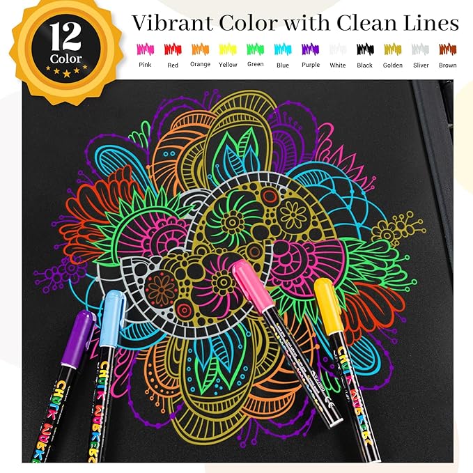 KERIFI Liquid Chalk Markers, Chalk Pens Fine Tip, 12 Vibrant Colors, Wet Erase Markers Fine Point 1mm, Chalk Markers for Blackboard, Glass, Windows, Bistro, 45 Chalkboard Labels Included