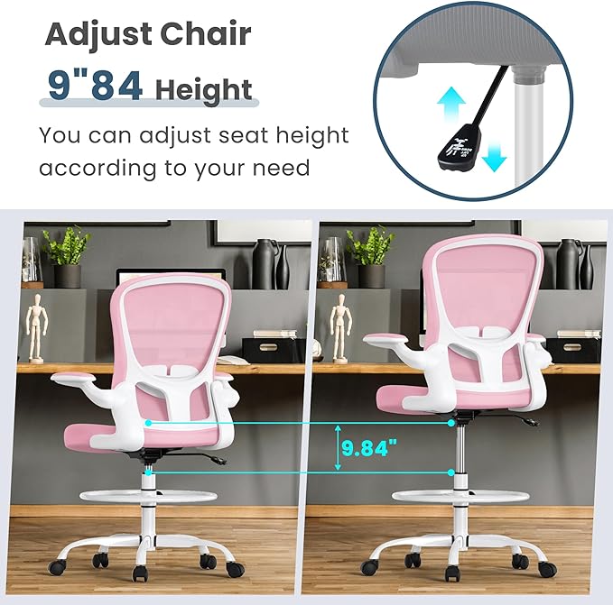 Drafting Chair, Tall Office Chair with Flip-up Armrests Executive Ergonomic Computer Standing Desk Chair, Office Drafting Chair with Lumbar Support and Adjustable Footrest Ring
