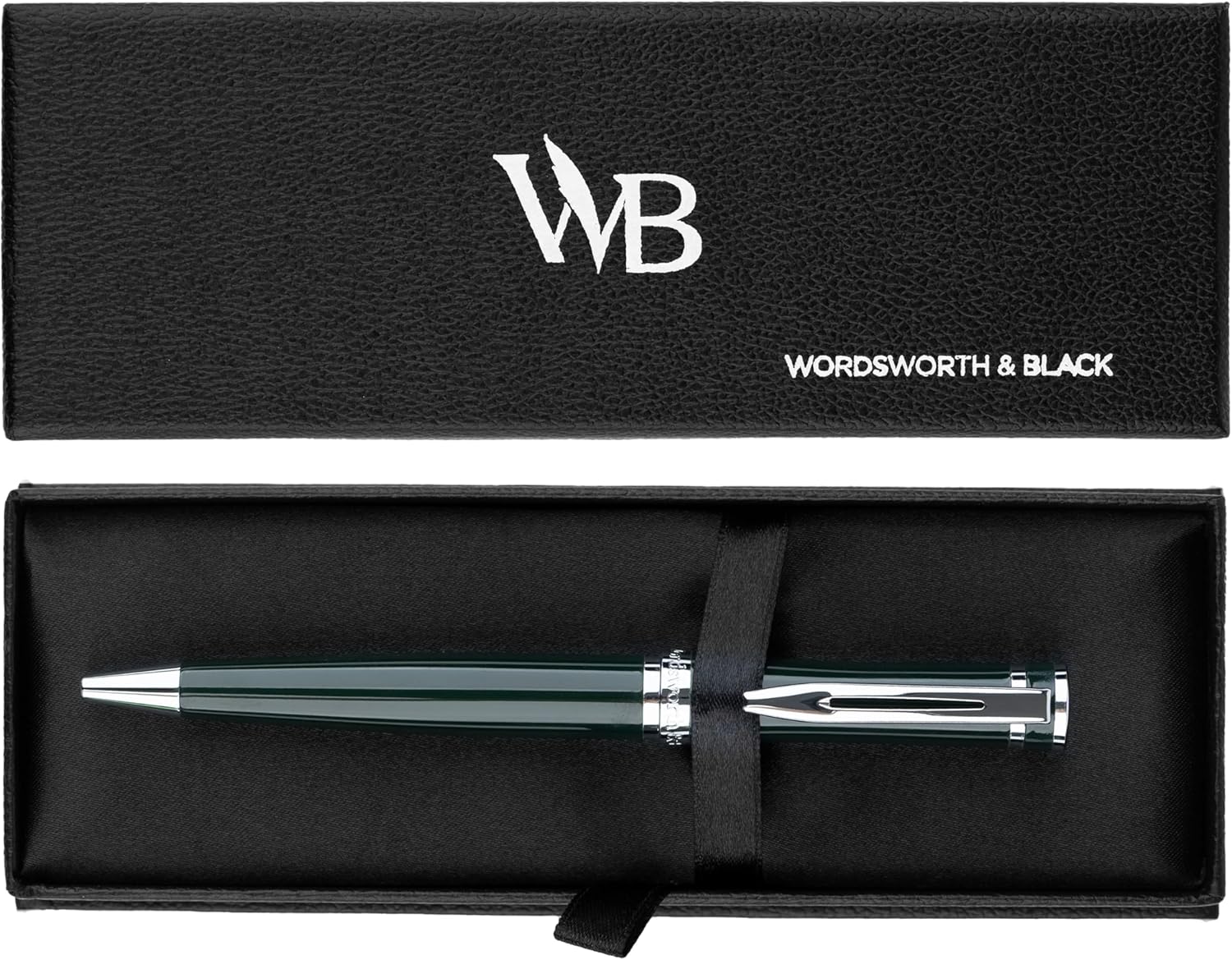 Wordsworth and Black Ballpoint Pen Green Lacquer- Stunning Luxury Pen Chrome Finish, Ink Refill, Best Gift Set for Men & Women, Refillable, Elegant, Nice Pens, Fine Point