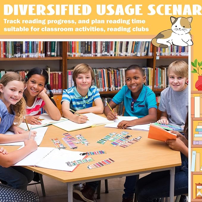 150 Pcs Book Tracker Bookmarks Bulk 6.3 x 1.97 Inch Bookshelf Design Bookmarks Paper Book Tracking Bookmark Double Sided Reading Page Markers for Book Lovers Students School (Cat)