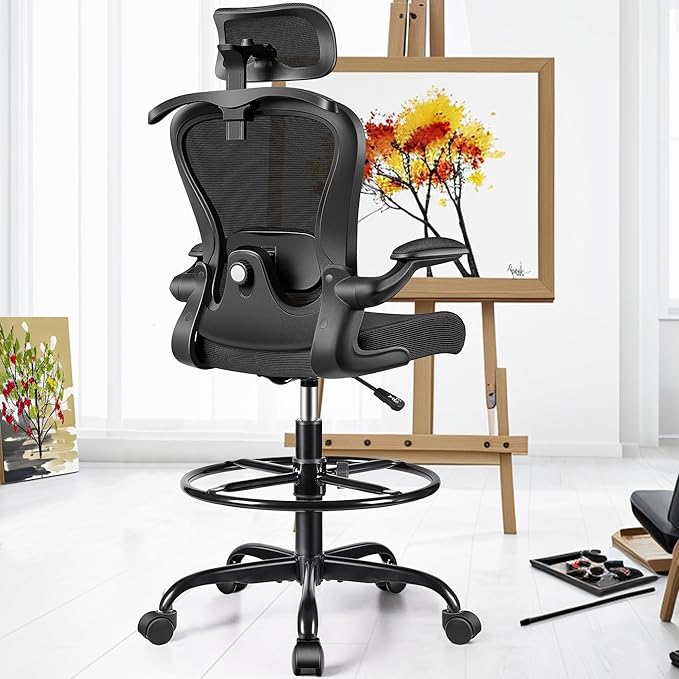 Drafting Chair, Tall Office Chair with 3D Lumbar & Head Support, Ergonomic Mesh Standing Desk Chair with Footring, Comfy Extended High Desk Chair with Flip-Up Arms & Hanger (Black)