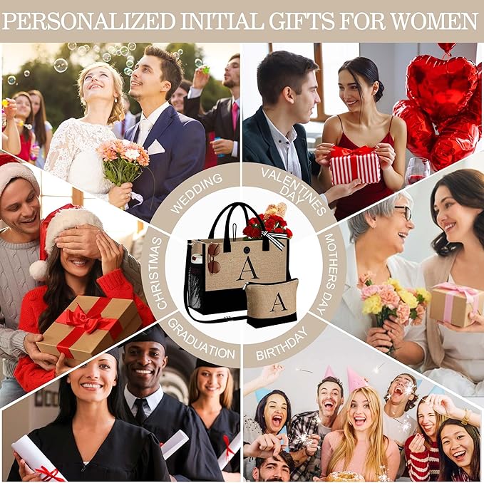 YOOLIFE Christmas Gifts for Women - Initial Jute Tote Bag & Makeup Bag, Birthday Gifts for Women Her Mom Teacher Friend