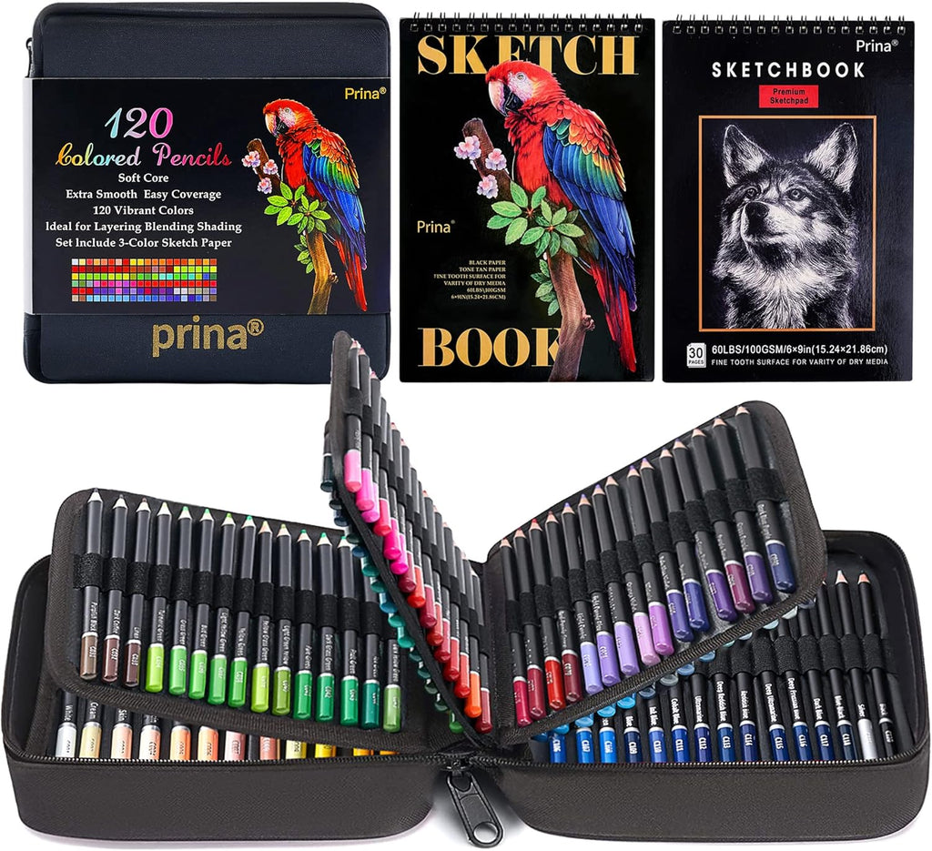 PRINA Art Supplies 120 Colors Colored Pencils Set for Adults Coloring Books with Sketchbook, Professional Vibrant Artists Coloring Pencils for Drawing Sketching Blending Shading, Soft Core Oil Based