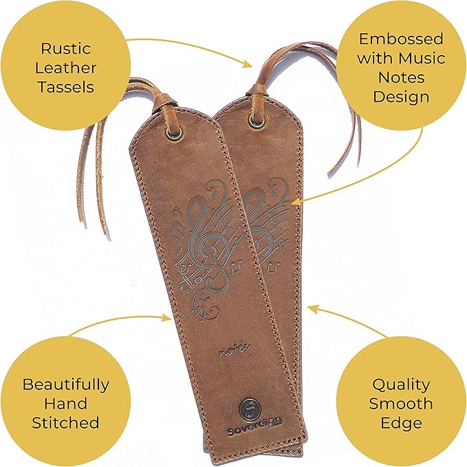 Leather Bookmarks for Men and Women | Quality Mens Bookmark with Music Notes | 2 Smooth Handmade Leather Book Markers for Men Women Book Lovers Readers (7x2") Leather Gift | Sovereign-Gear