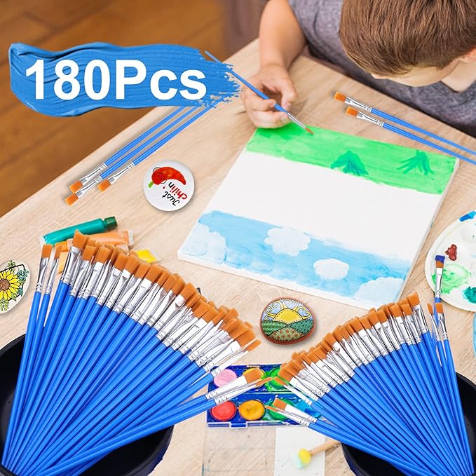 AROIC 180pcs Flat Paint Brushes Set, Small Brushes Bulk Nylon Hair for Kids Acrylic Oil Watercolor Artist, Professional Painting for Classroom Students