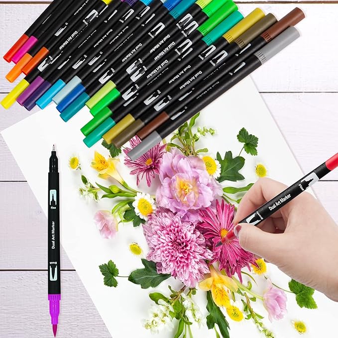 100 Art Markers Set for Adult Coloring Books No Bleeding,Bullet Journal Pens Watercolor Markers for Artists Painting Calligraphy Dual Tip Markers Brush and Fine for Kids Teens Women Drawing Coloring