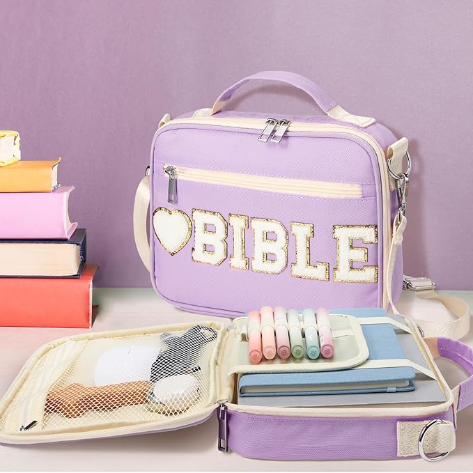 Silkfly Large Chenille Letter Bible Cover for Women Preppy Patch Bible Case Church Bible Bag with Handle(Purple)