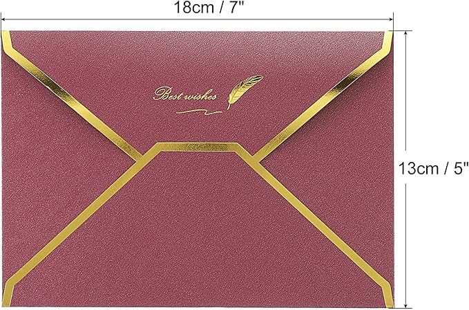 PATIKIL V Flap Envelopes, 10 Pack 7 x 5'' Luxury Style Gold Border Greeting Card Envelope for Invitations Weddings, Wine Red
