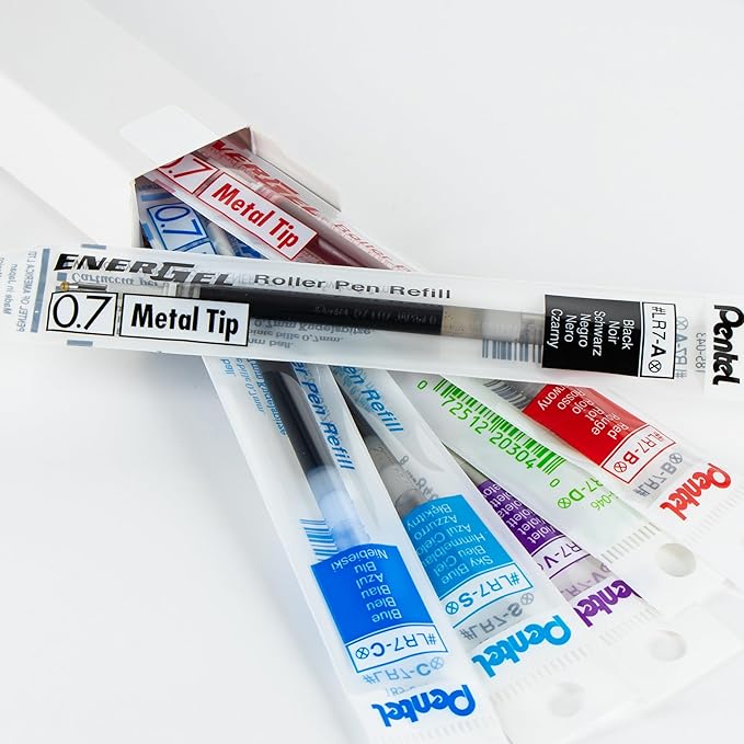 Pentel Refill Ink - For EnerGel Gel Pen, 0.7mm Metal Tip, Medium, Assorted Color Inks, Pack of 6 Refills (LR7-6M)