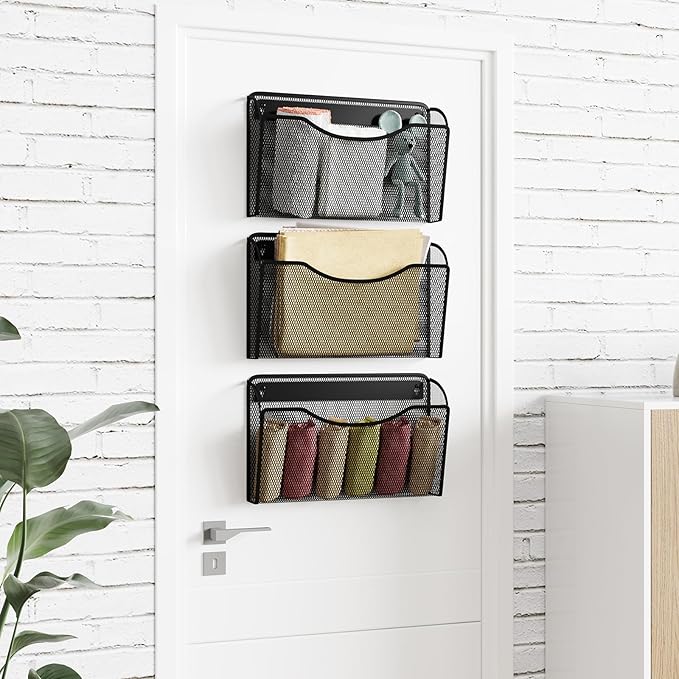 Mesh Hanging Wall File Holders, Vertical Mounted File Holder，Wall Basket Mail Organizer for Office, Home and School (Black 6Pack)