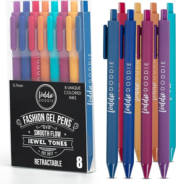 Loddie Doddie Jewel Tones Gel Pens - 0.7mm Medium Point, Smooth Writing, Retractable Gel Pens - No Bleed, Non-Smudge, Colored, 8-Pack for Journaling and Note Taking