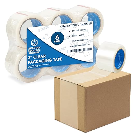Spartan Industrial - 3" X 60 yd Clear Packing Tape Rolls - 6 of Wide Heavy Duty Tape for Packing, Moving, Shipping, and More - 2.7 Mil