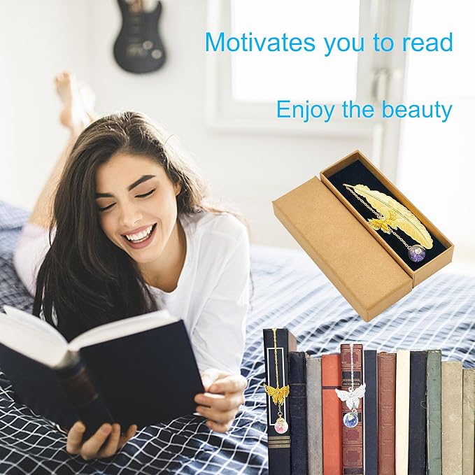 Vintage-Style Metal Feather Bookmark with 3D Butterfly Pendant - Ideal Gifts for Teachers and Book Lovers (Silver.Purple White Flower)