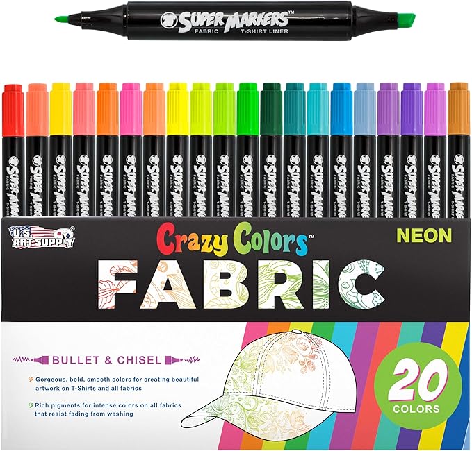 Super Markers 20 Unique Neon Colors Dual Tip Fabric & T-Shirt Marker Set - Double-Ended Fabric Markers with Chisel Point and Fine Point Tips - Ultra-Bright, Vibrant Bold Permanent Ink Colors, Clothing
