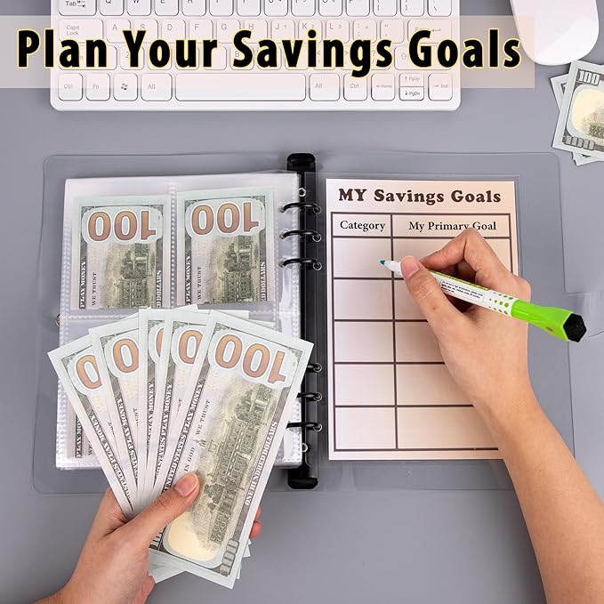 HAUTOCO 100 Envelopes Money Saving Challenge A5 Binder, Savings Challenges Book to Save $5,050, $500, $10,000, Budget Binder with Cash Envelopes, PVC Money Saving Binder with Challenge Trackers, Black