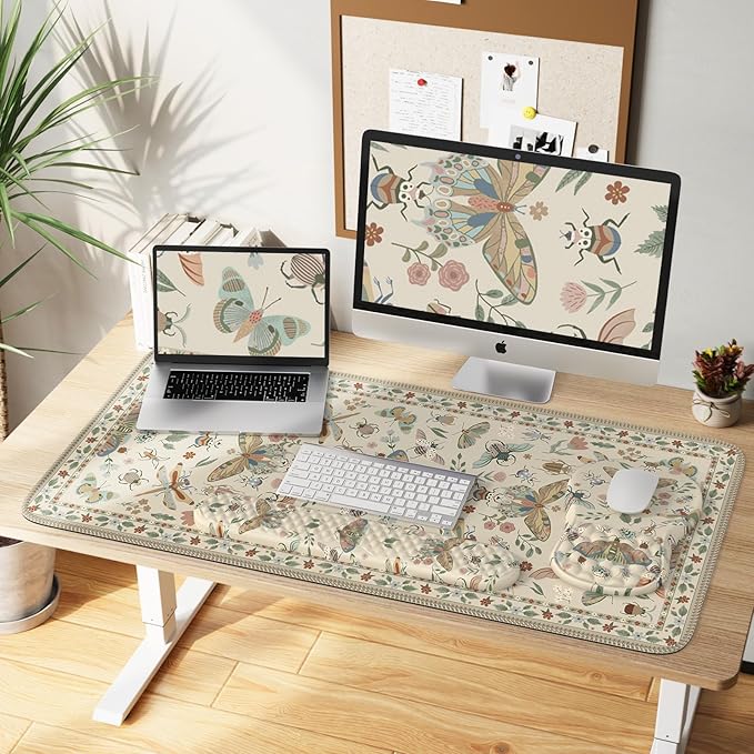 iLeadon Desk Pad Mat,Keyboard Wrist Rest and Mouse Pad Set,Full Desk Mouse Pad Extra Large for Computer Keyboard,Massage Mousepad+Cup Coaster with Non-Slip Base for Home Office,Beige Insect