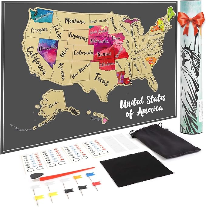 JARLINK Scratch Off USA Map Poster, 12x17 inches United States Map with Unique Accessories Set, Personalized Travel Poster, Gift for Travelers