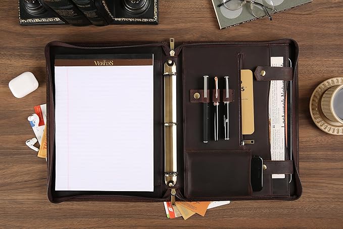 Portfolio Binder 3 Ring, Leather Binder Portfolio Folder for Left-Handed, Zippered Portfolio Padfolio Binder for Women, Leather Portfolio Organizer for Men (Dark Brown, Custom)