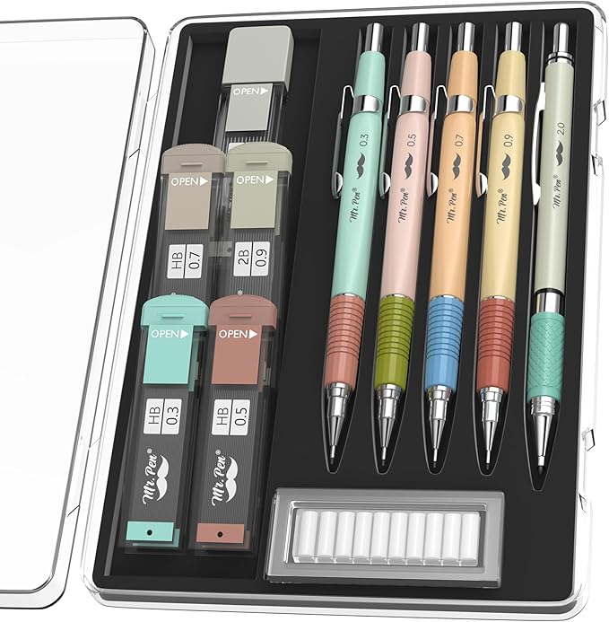 Mr. Pen- Mechanical Pencil Set, 5 Sizes, 0.3, 0.5, 0.7, 0.9, 2mm, Anti Skidding Grip Cute Mechanical Pencils, Sketching Pencils, Aesthetic Mechanical Pencils, Pastel Mechanical Pencils
