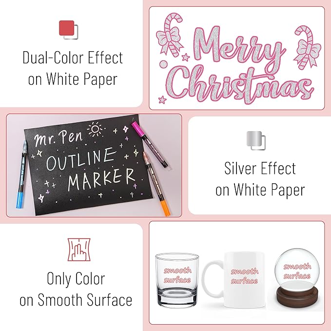 Mr. Pen- Double Line Outline Markers, 10 Colors, Self-Outline Metallic Markers, Outline Pens, Craft Pens
