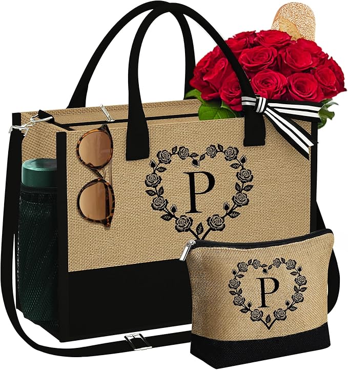 YOOLIFE Christmas Gifts for Women - Initial Jute Tote Bag & Makeup Bag, Birthday Gifts for Women Her Mom Teacher Friend