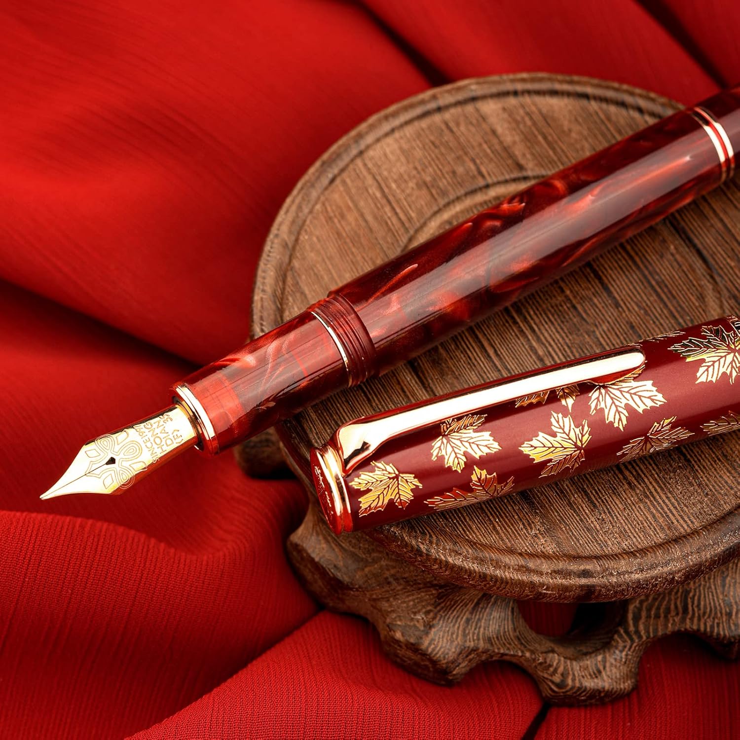 Hongdian N8 Fountan Pen, Iridium Fine Nib, Rose Gold Trim Maple Leaf Carving Cap Red Acrylic Resin, Smooth Writing Pen with Converter and Metal Pen Box Set