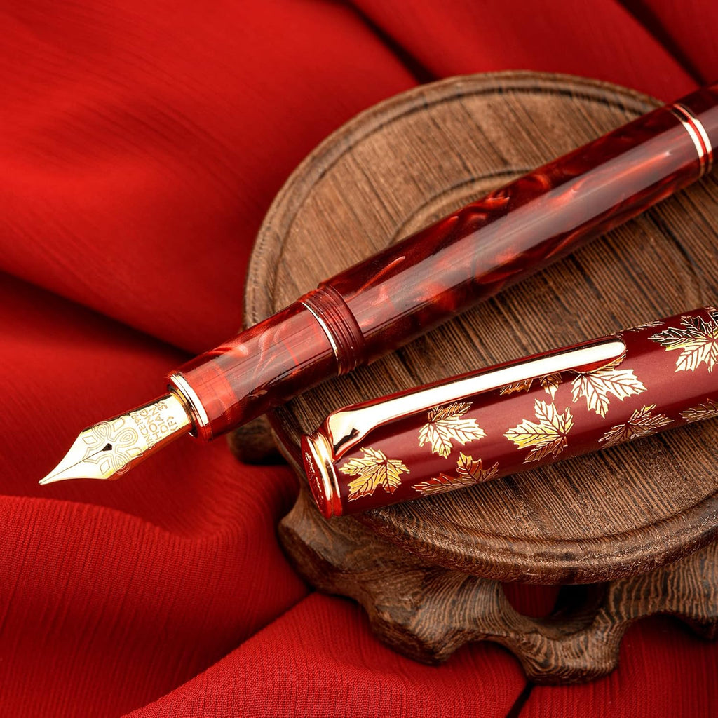 Hongdian N8 Red Acrylic Resin Fountain Pen, Iridium Medium Nib Rose Gold Trim Maple Leaf Carving Cap, Smooth Writing Pen with Converter and Metal Pen Box Set