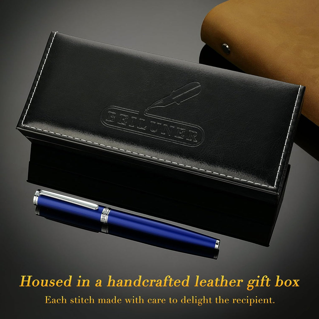 BEILUNER Luxury Fountain Pen Set,Solid 24K Gilded Medium Nib, Modern Classic Limited Edition -Includes 6 Ink Cartridges&Ink Refill Converter with Gift Case-Perfect for Men and Women（Charming blue）