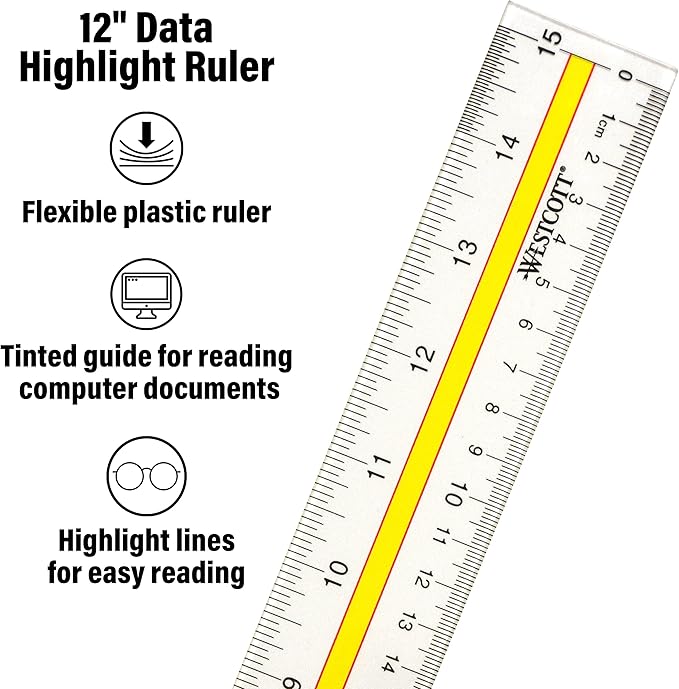 Acrylic Data Highlight Reading Ruler with Tinted Guide, 15" Clear