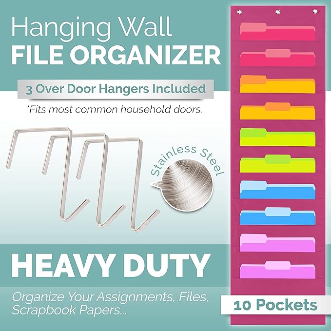 Hippo Creation Heavy Duty Storage Pocket Chart for Classroom, 10 Pocket Storage Organizer with 3 Over-Door Hangers, Hanging Wall Organizer for File Folders, School Mailbox, Home Office Papers - Pink