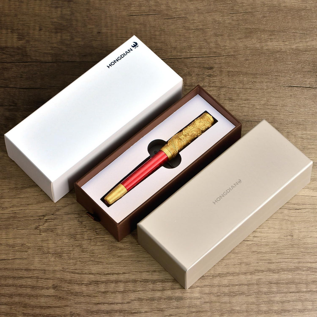 Hongdian A24 Fountain Pen Fine Nib, Bright Red & Golden Dragon Stereoscopic Carving Cap Design