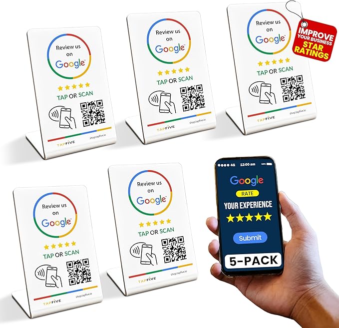 Tap Google Review Stands (5-Pack) by TapFive - Tap for Instant Reviews - All Phones Compatible - Reusable Smart Tap NFC & QR - Boost Business Reviews Zappy Fast - Powered by TapFive (White, 5 Stands)