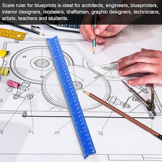 Architectural Scale Ruler, 12'' Imperial Architect Scale, Engineer Scale Ruler for Blueprints, Aluminum Triangle Drafting Ruler (Blue)