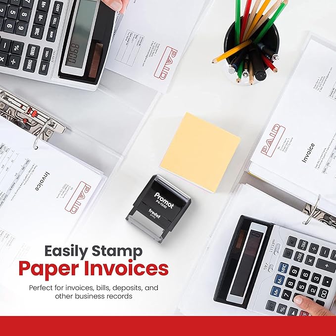 Promot Paid Self Inking Rubber Stamp - Refillable Paid Stamper - Business, Bookkeeping, Ordering, Accounting, Work, Office Stamps - Red Ink