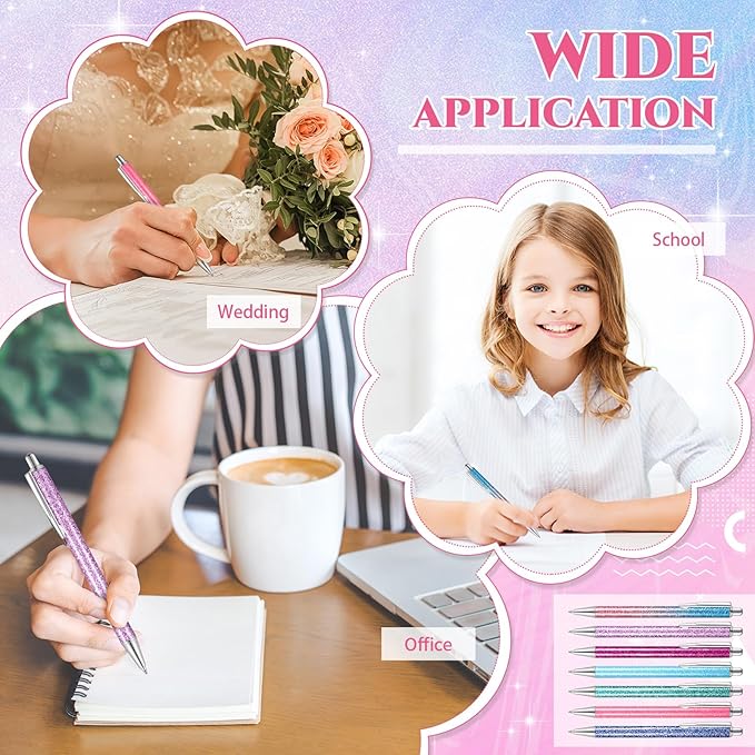 Sherr 7 Pcs Fancy Pens for Women Cute Sparkly Glitter Pens with 10 Pcs Black Ink Refills Pretty Gifts for Girls Office School Christmas Graduation(Pastel,Glitter)