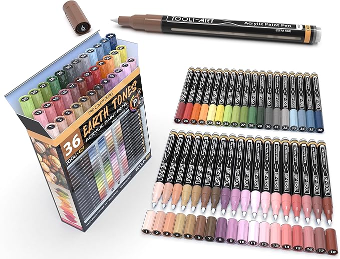 36 Acrylic Paint Pens Skin and Natural Earth Tone Marker Set For Rock Painting, Canvas, Mugs, Glass, Plastic, Wood, Metal, Fabric, Scrapbooking, Most Surfaces. Quick Drying Waterbased (EXTRA FINE)