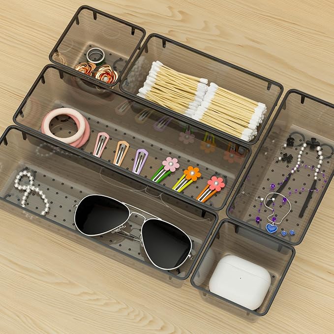 WOWBOX 12 Pack Clear Drawer Organizer Set, Acrylic Drawer Storage Trays, Storage Bins for Makeup, Cosmetics, Jewelries, Utensils, Gadgets, Office, Black