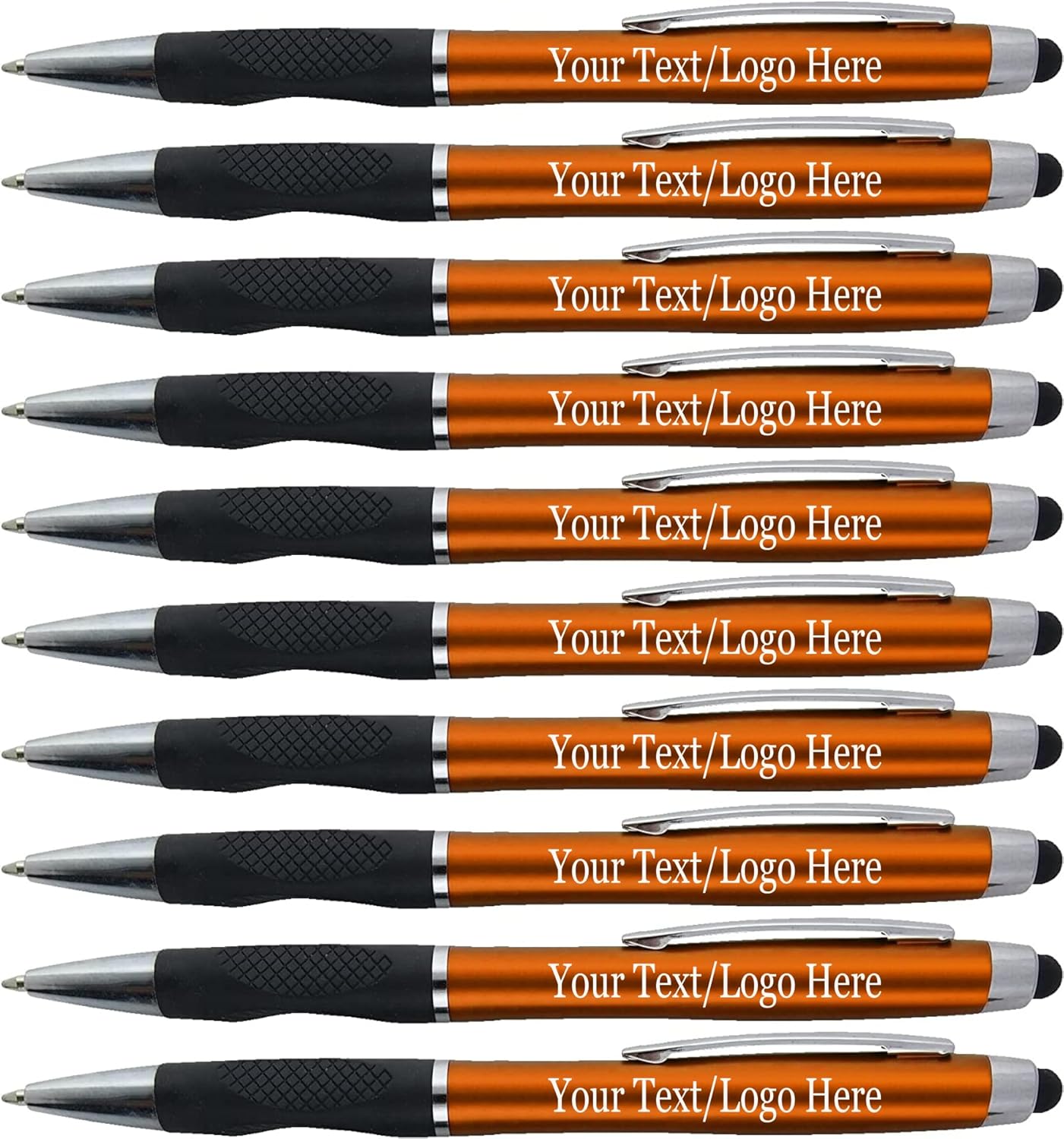 Personalized Pens With your Custom Logo or Text-300 Pack Bulk-for Businesses, Parties, and Events, 2 in 1 Ballpoint Pen + Capacitive Stylus for Touchscreen Devices, Orange Barrel, Blue Ink