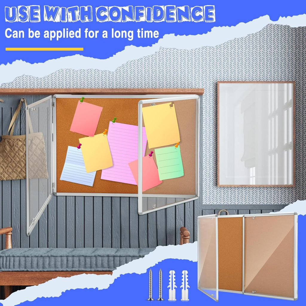 Enclosed Bulletin Board 48" x 36" Weather Resistant Lockable Notice Cork Display Board Wall Mounted 2 Locking Door for School Classroom Commercial Back to School, 12 x A4(Brown, Silver Frame)