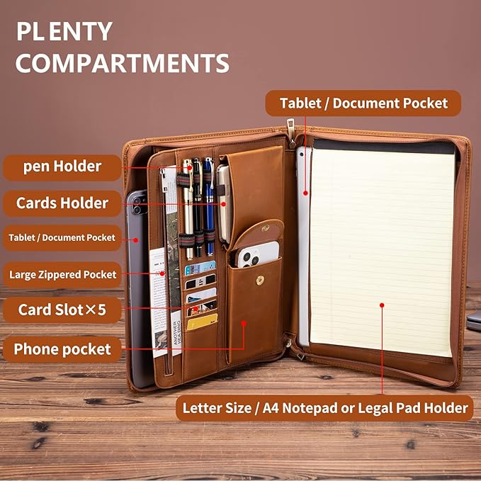 Handmade Crazy-Horse Leather Padfolio Portfolio, Easy to Carry with A Zippered Closure, Business Organizer Tablet Folio Folder with Letter Size Notepad, Gift for Women & Men (Brown, Upgraded version)