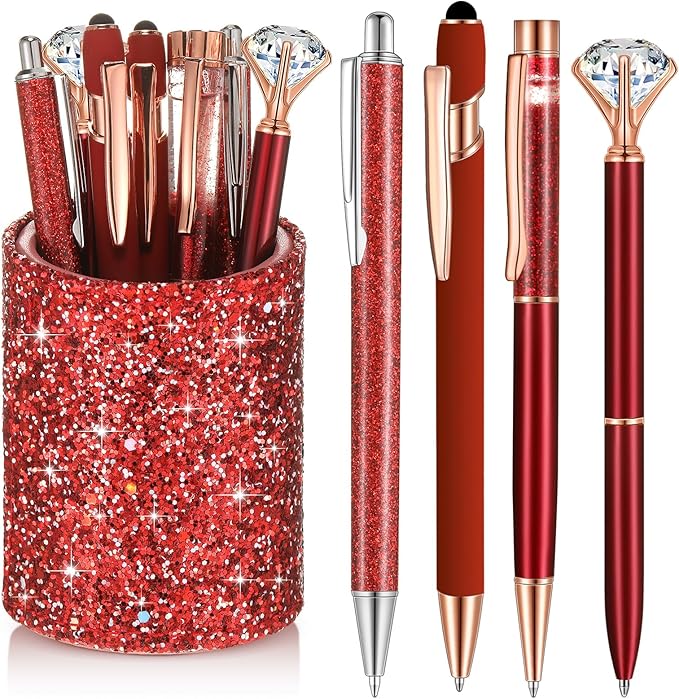 Sabary 8 Pcs Ballpoint Pens with Pen Holder for Desk Glitter Crystal Diamond Fancy Pencil Holder Bling Desk Organizer Cute Stationery Supplies for Women Girls Wedding Office School Gifts(Red)