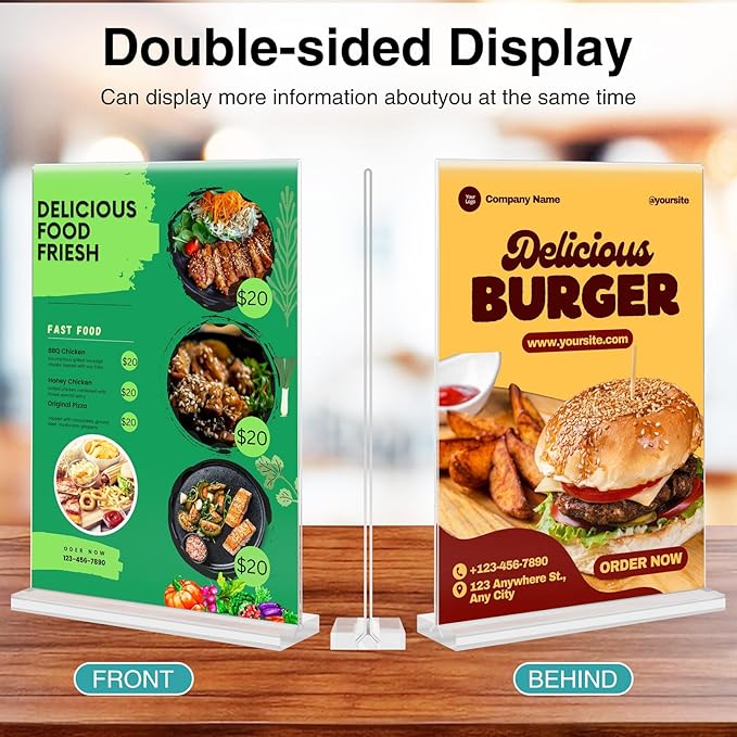 Relx 6 Pack Acrylic Sign Holder 8.5 x 11, Vertical T Shape Plastic Sign Holder with Base, Double-Sided Clear Tabletop Plexiglass Flyer Stands for Restaurant Office Store Home Picture Frame Display